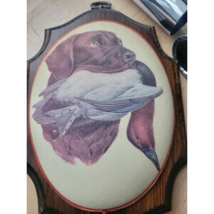 Vintage Bird Dog Chocolat Lab Domed Wooden Wall Beaded Glass Plaque 9x6